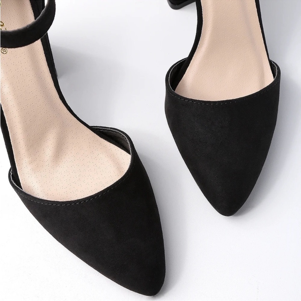 LULUS Ellarose Black Suede Ankle Strap Chunky Heels Size 5 NEW - Picture 14 of 15